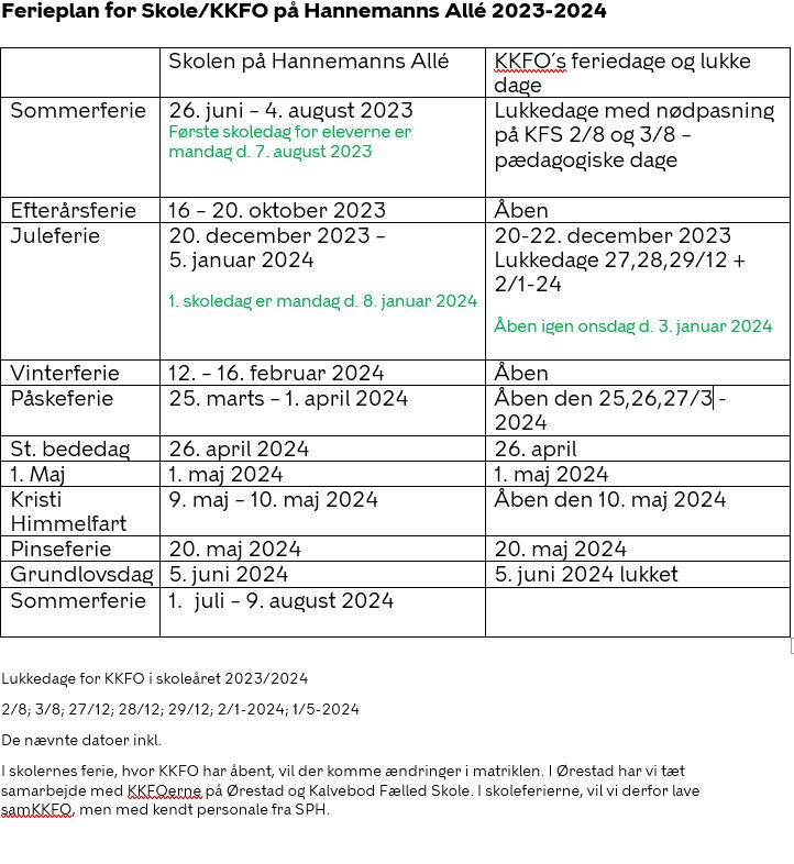 Ferieplan 2023/2024 | Skolen På Hannemanns Allé